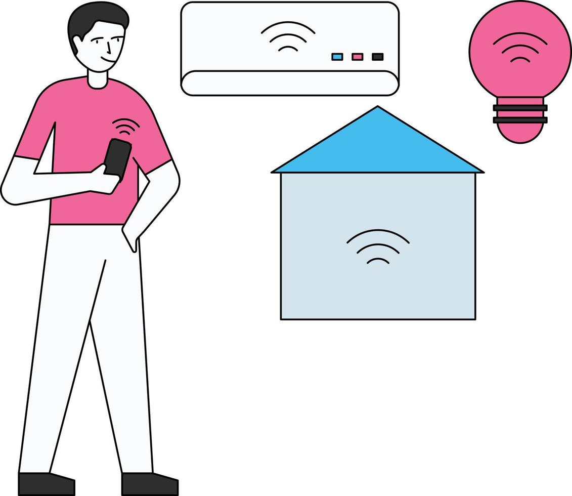 The boy is holding a remote control of a home appliance. vector