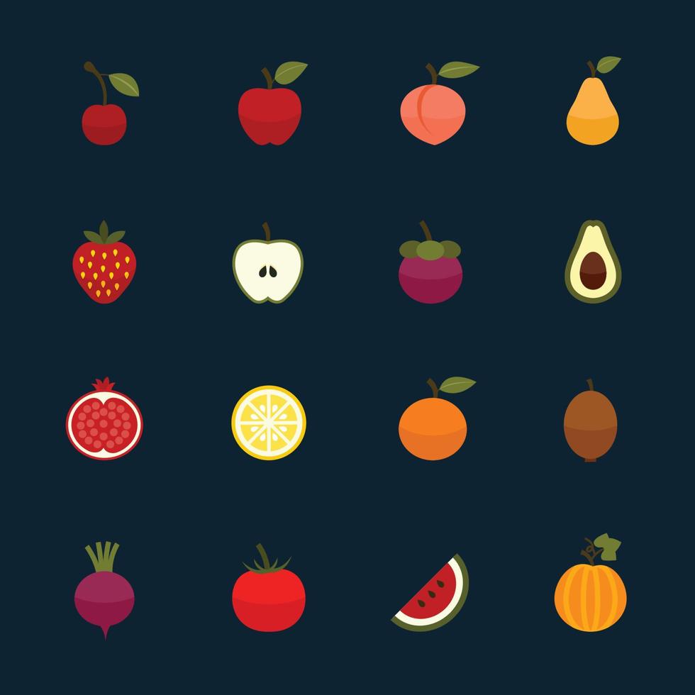 iconos de frutas y verduras con fondo negro vector