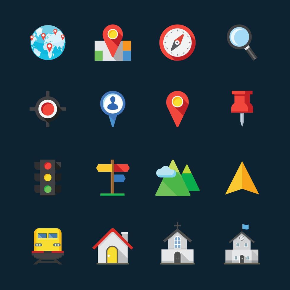 Map and Location Icons with Black Background vector