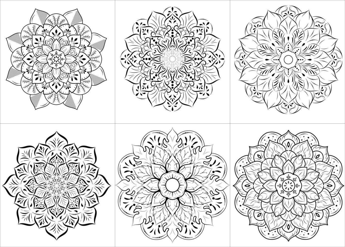 conjunto de mandala con patrón de adorno floral, patrones de relajación de mandala vectorial diseño único con estilo natural, patrón dibujado a mano, plantilla de mandala para tarjetas de decoración de página, libro, logotipos vector