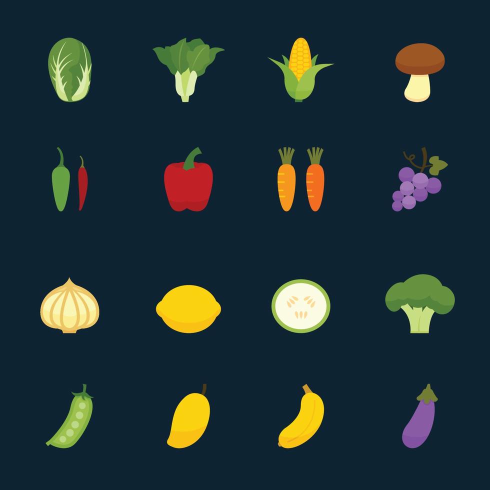 Vegetables and Fruits Icons with Black Background vector