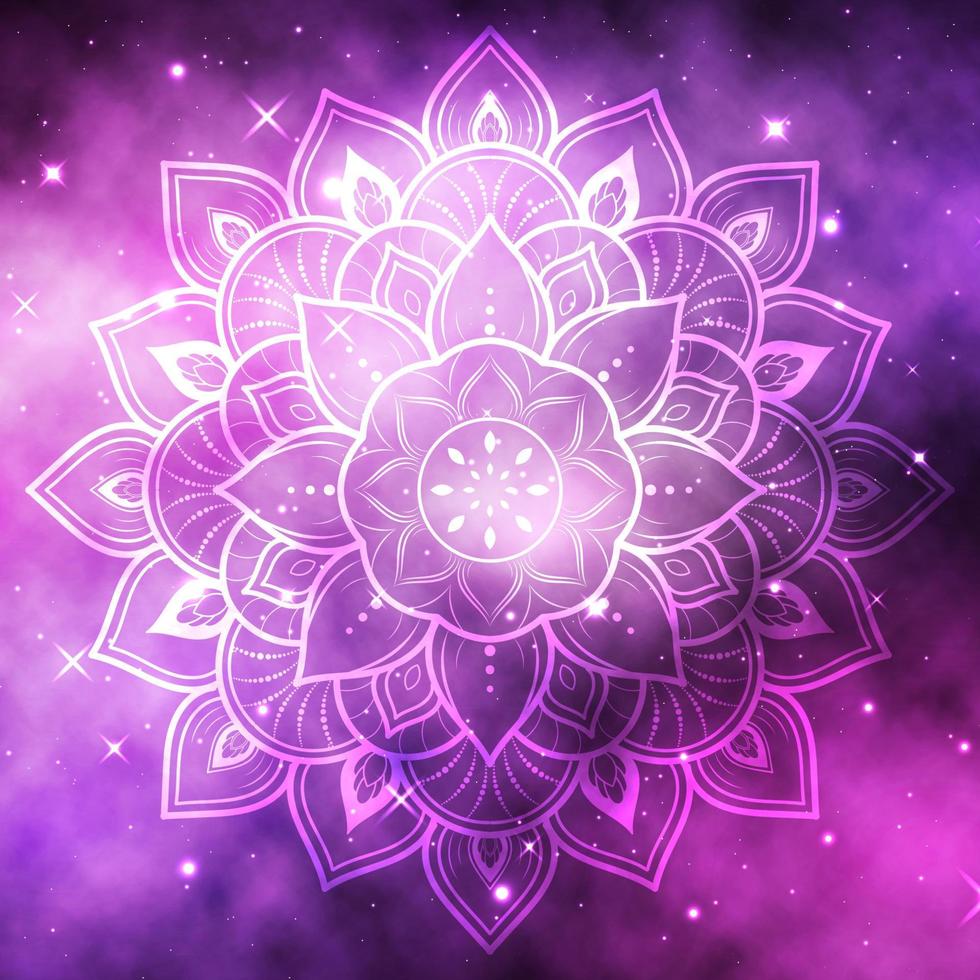 mandala floral circular con fondo de galaxia, patrón oriental de mandala vectorial, elemento decorativo dibujado a mano. diseño único con flor de pétalo. concepto de relajación y uso de la meditación para el logotipo de la página vector