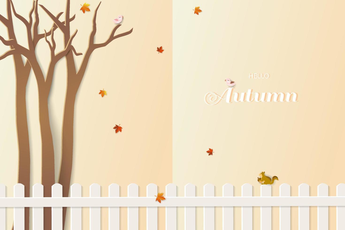 Paper art of autumn or fall landscape background with cute squirrel and birds happy in the garden vector