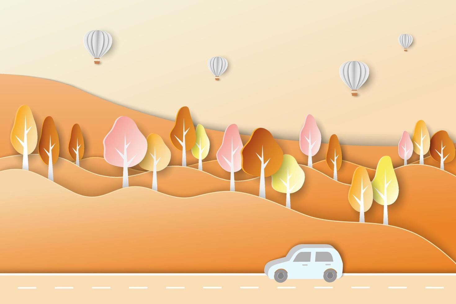 Travel with nature scenery in autumn forest background,colorful trees and leaves on paper cut and craft style vector