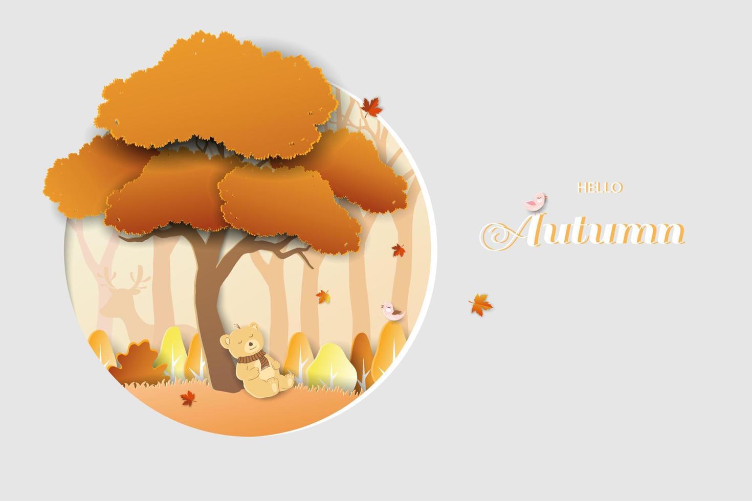 corte de papel y estilo artesanal con lindo oso durmiente en el bosque de otoño vector