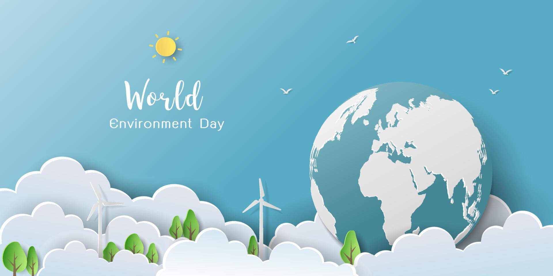 Save nature and eco friendly concept,background with green trees,cloud,windmill and globe on paper cut style vector