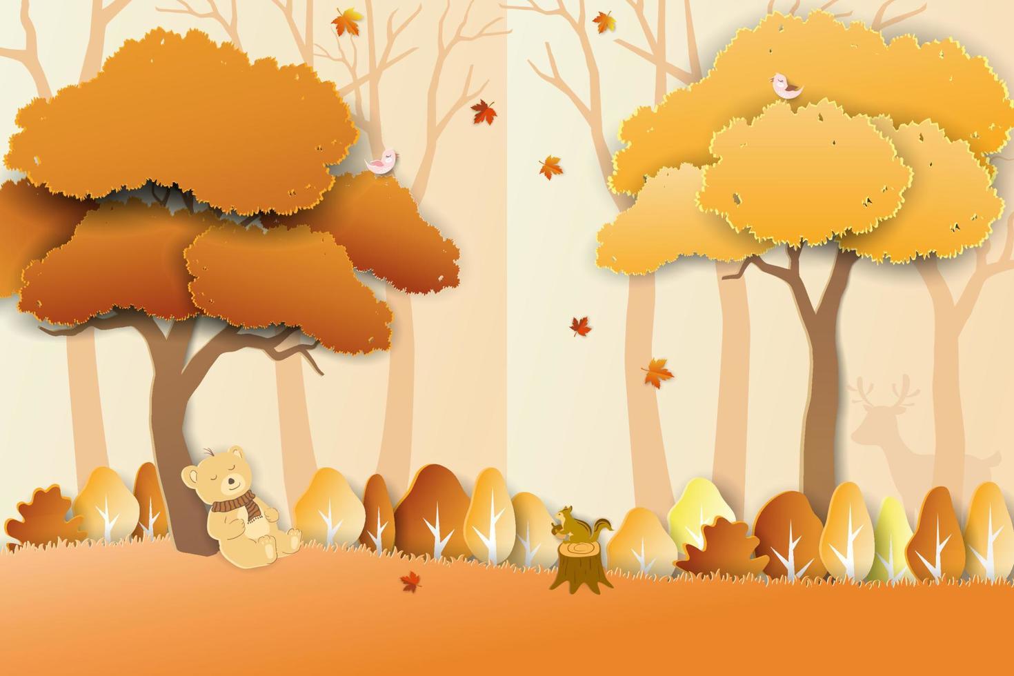 Paper art style of autumn landscape with cute bear on sweet dream,animals wildlife with colorful tree and leaves on autumn forest vector