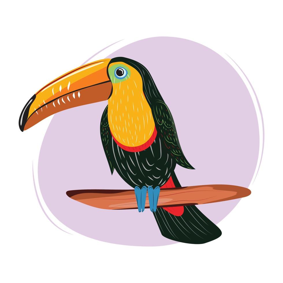 tucán sentado en la rama. pájaro tropical exótico sentado en la rama. ilustración dibujada a mano en estilo de diseño plano para publicidad, diseño de vacaciones, tarjetas, logotipo. vector