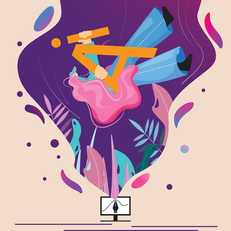 World of graphic design. Woman falling in the world of graphic design. Vector graphic design concept. Illustration with a happy female character falling the in monitor.