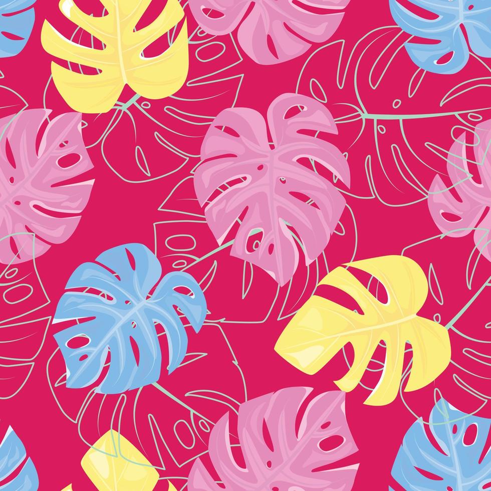 Pink seamless pattern with tropical leaves. Tropical monstera leaves on pink background. Summer seamless pattern. For textile, paper, wrapping paper, packaging, backgrounds, cards. Vector pattern.