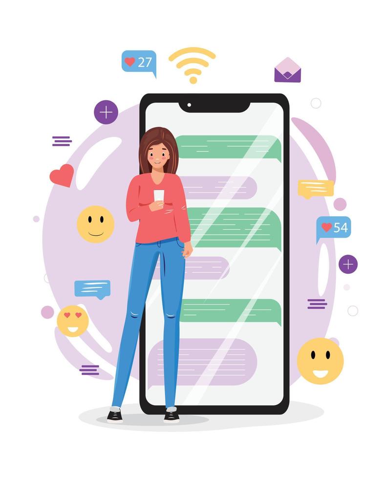 mujer con un celular. mujer enviando mensajes de texto desde el teléfono celular. mujer joven parada al lado del gran teléfono inteligente y usando su propio teléfono inteligente con elementos de medios sociales e íconos emoji en el fondo. vector