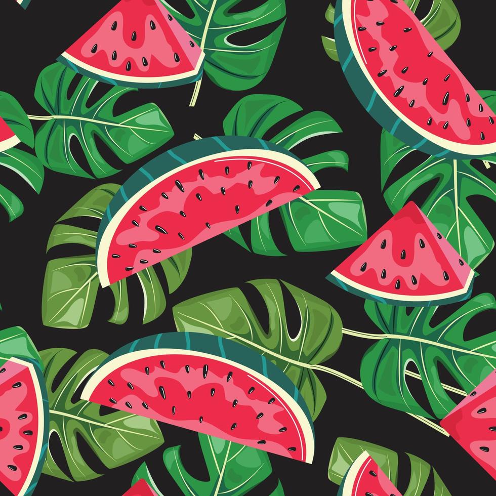 Tropical background with water melon and leaves. Seamless pattern with red water melon and tropical leaves on black background. Vector pattern.