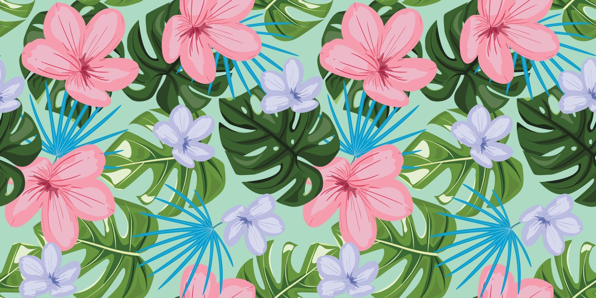 Tropical floral background with leaves and flowers. Seamless floral pattern with frangipani flowers and monstera leaves on green background. For textile, paper, wrapping paper, packaging. vector