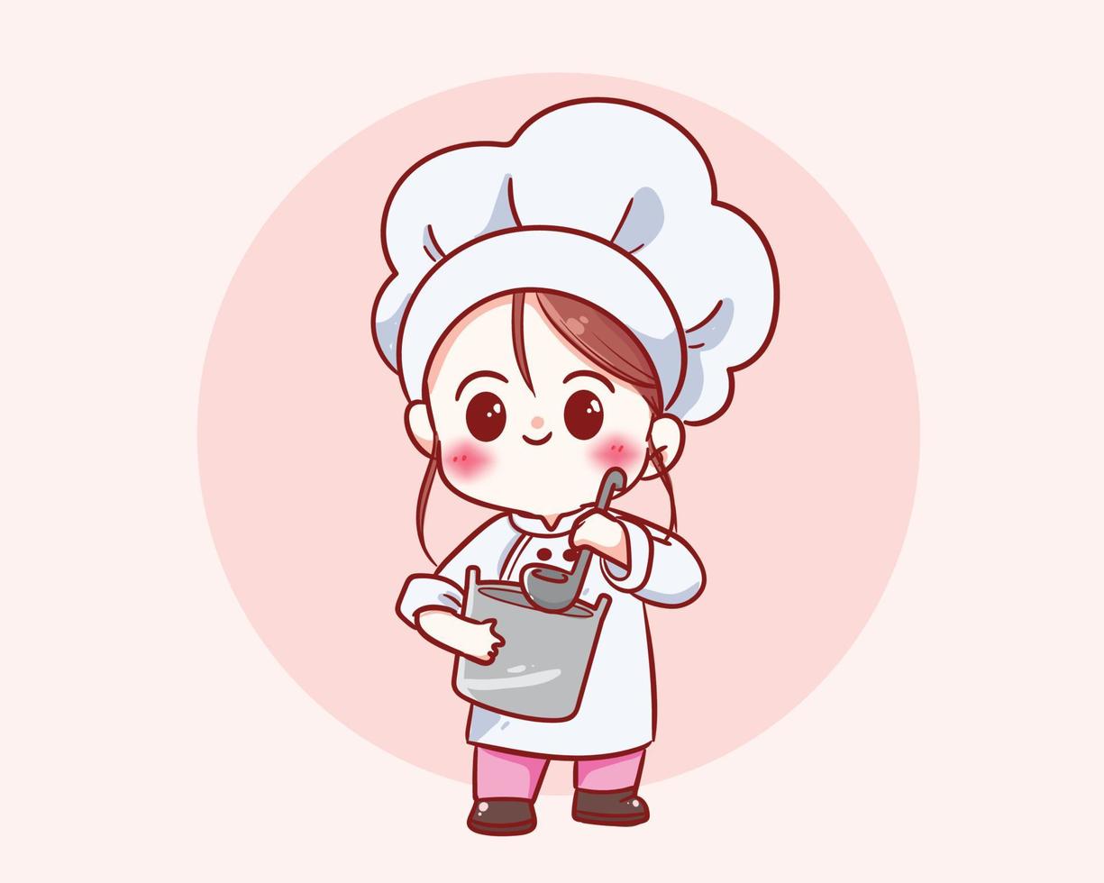 Cute chef girl in uniform character holding a pot food restaurant logo cartoon art illustration vector