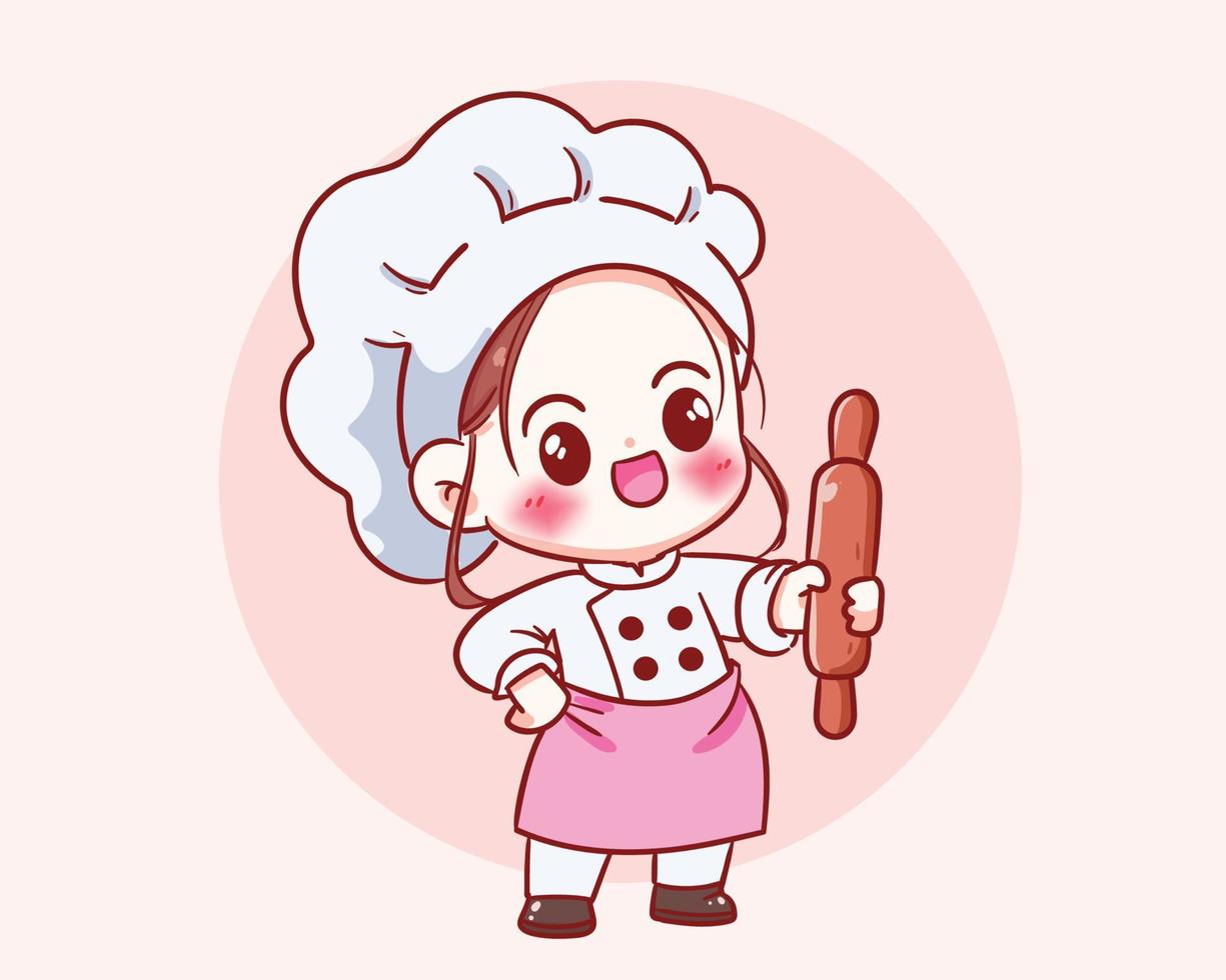 linda chef chica en uniforme personaje sosteniendo rodillo comida restaurante logo dibujos animados arte ilustración vector