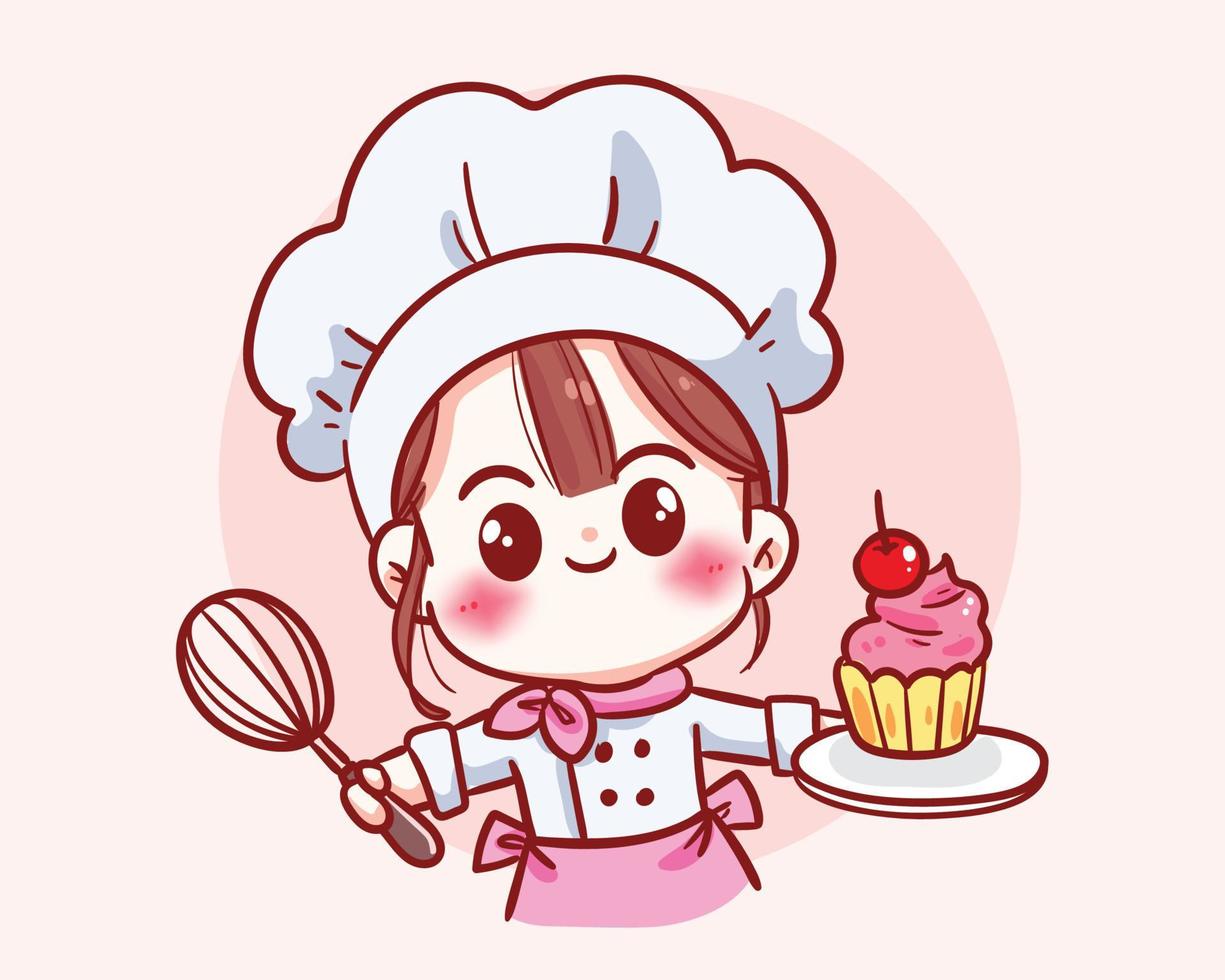 linda chica chef en personaje uniforme sosteniendo una ilustración de arte de dibujos animados de logotipo de restaurante de comida de pastel vector