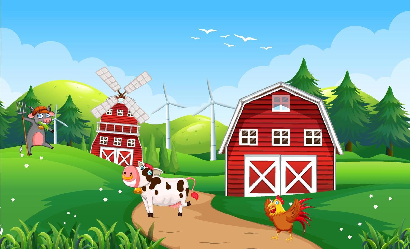 escena de la granja con animales en el campo vector