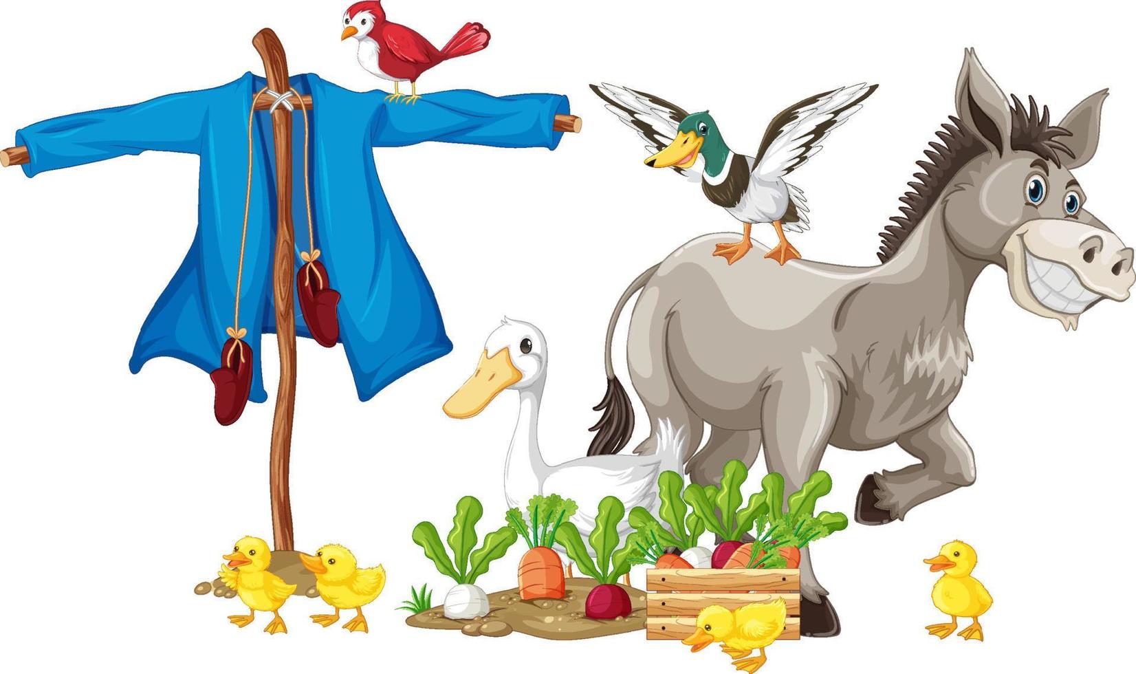 Scarecrow and many animals in garden vector