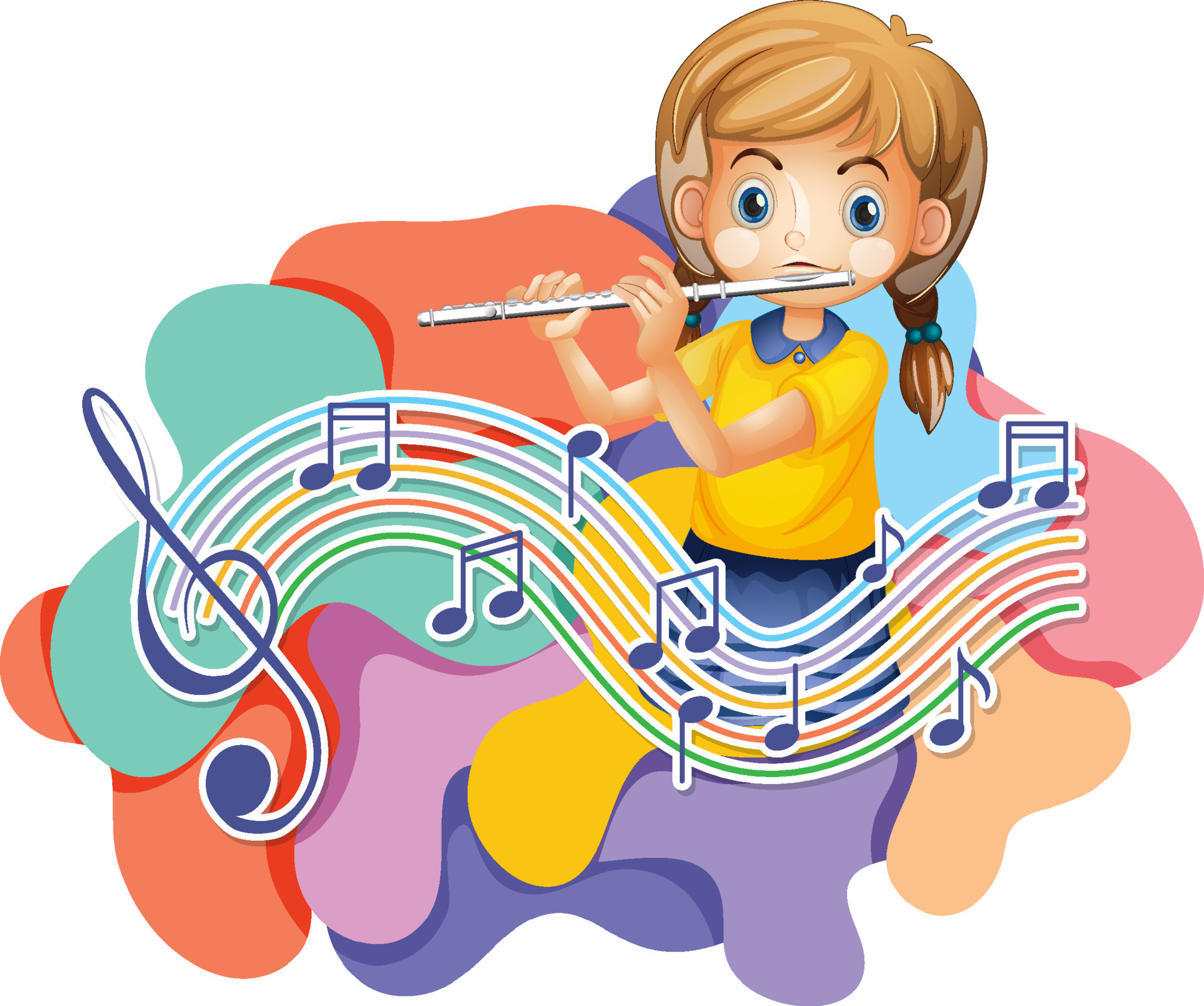A little girl blowing flute with music notes on white background 7775530  Vector Art at Vecteezy