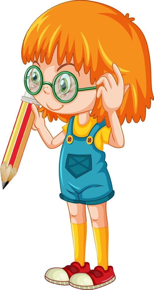 Girl holding pencil cartoon character on white background vector