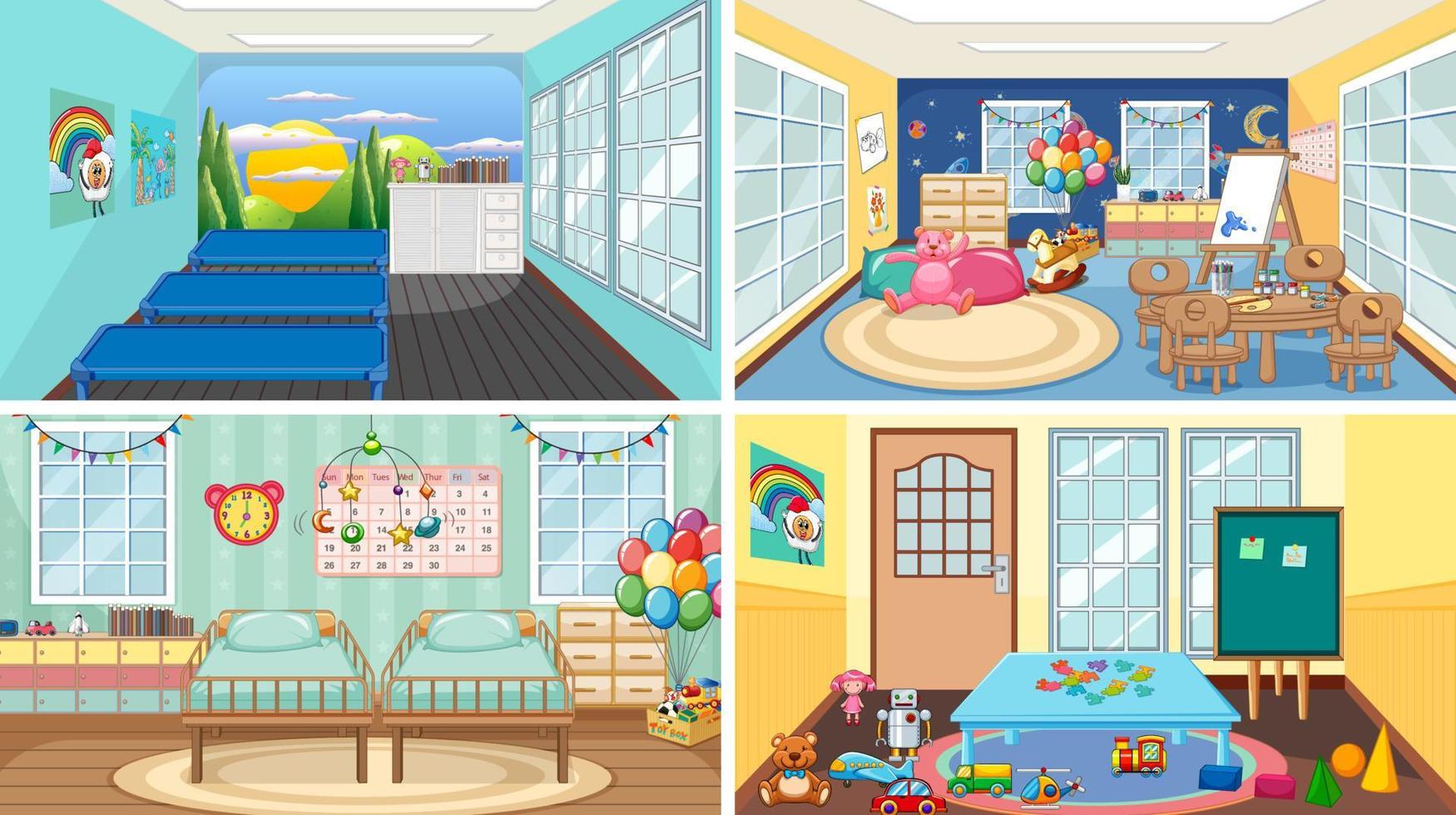 Set of different kindergarten classroom scenes vector