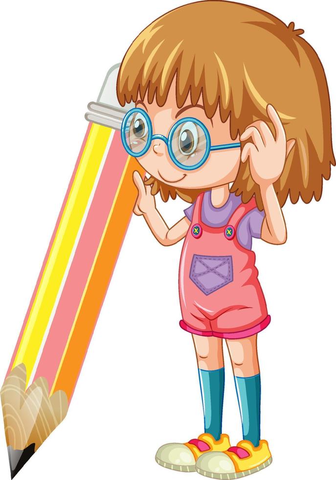 Girl holding pencil cartoon character on white background vector