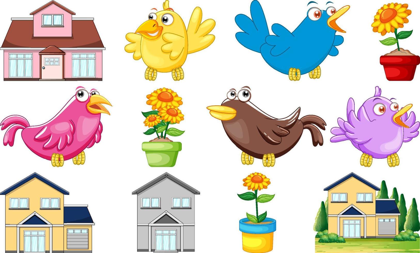 Set with houses and colorful birds vector