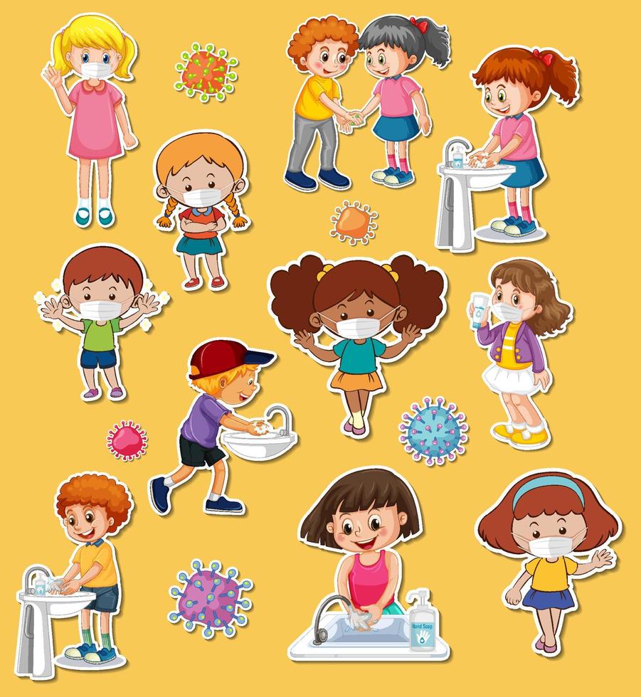 Sticker set of covid19 and cartoon character vector