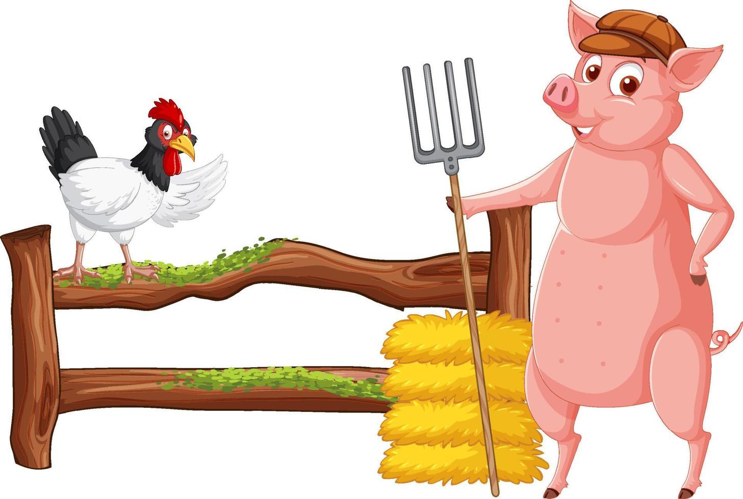 Farmer pig holding rake with chicken cartoon vector