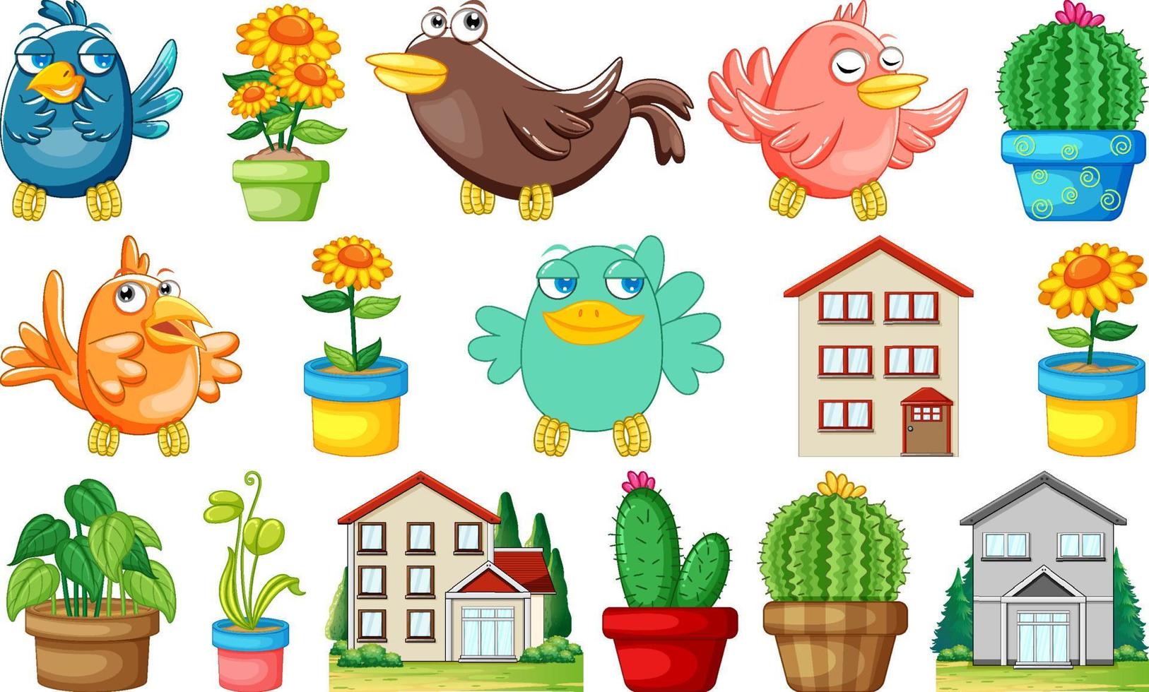 Different house designs and cute birds vector