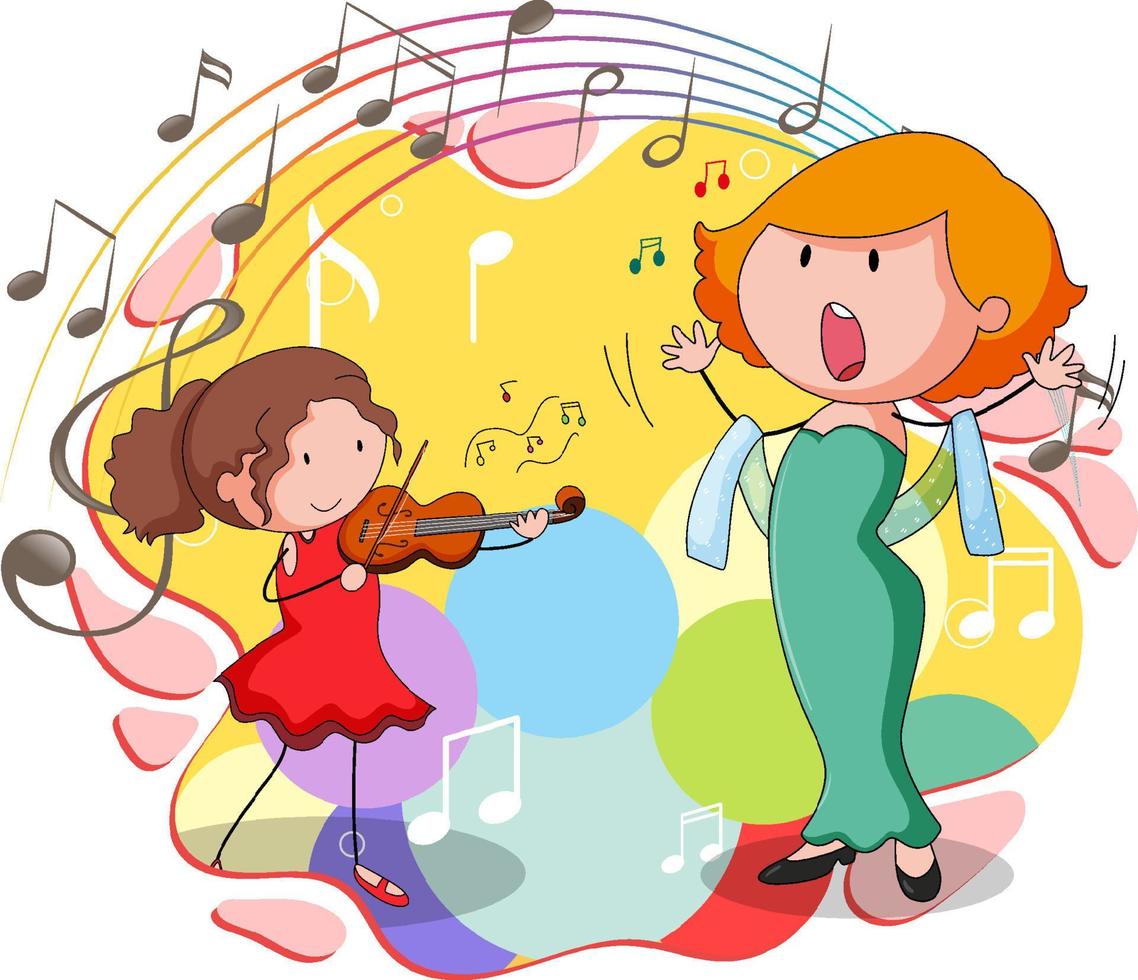 Doodle children with music instrument and melody vector