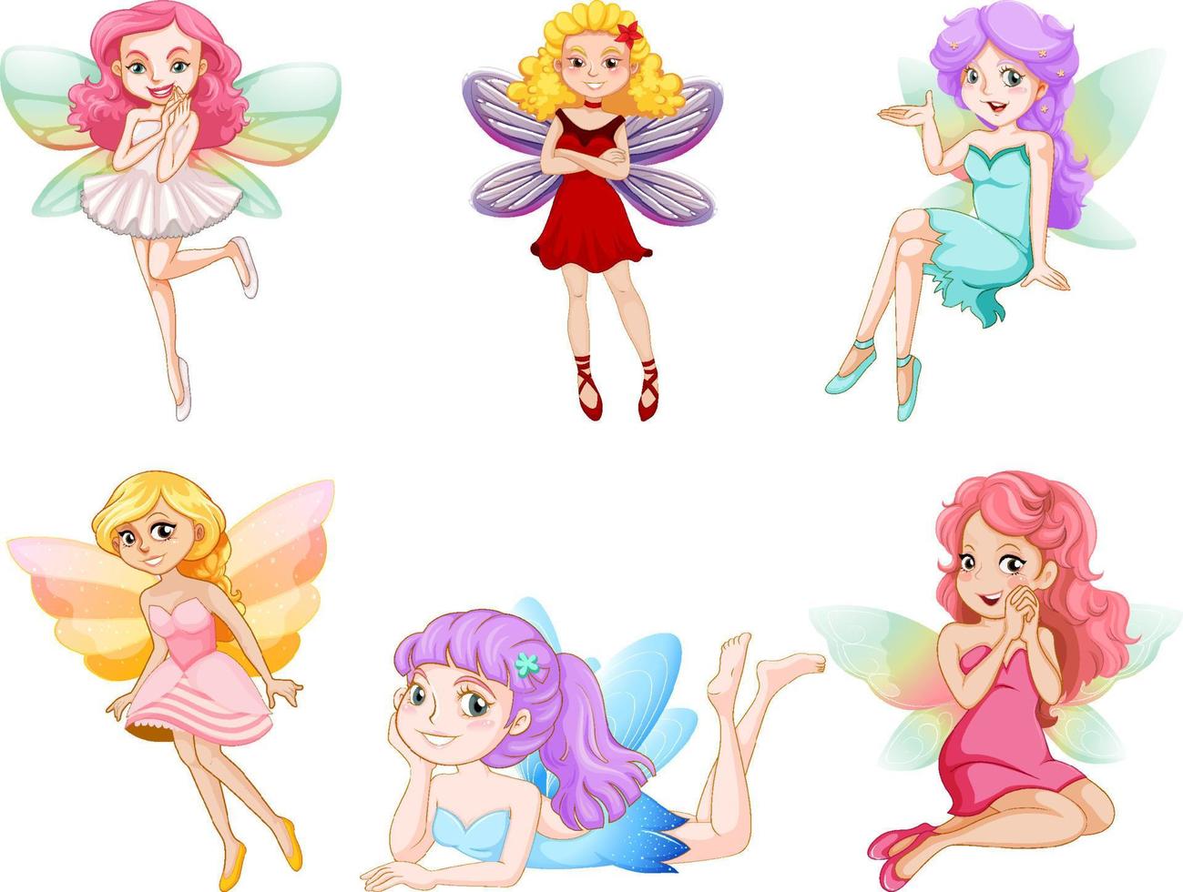 Set of different beautiful fairy girl cartoon character vector