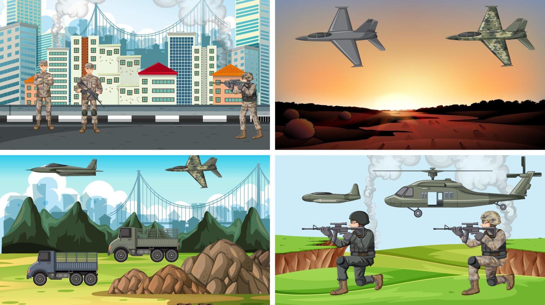 Set of different army war scenes vector