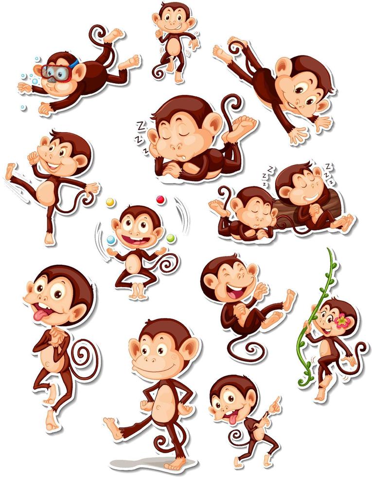 Sticker set of funny monkey cartoon characters vector