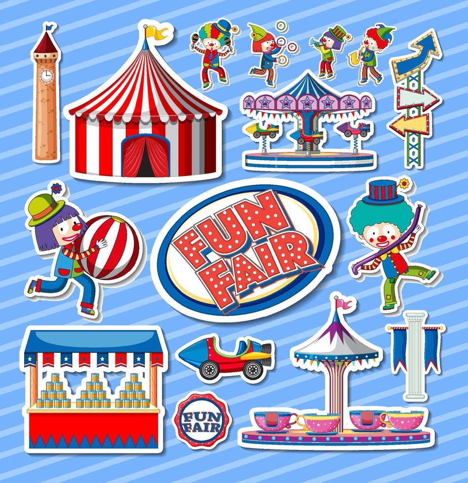 Sticker set of amusement park objects and cartoon characters vector