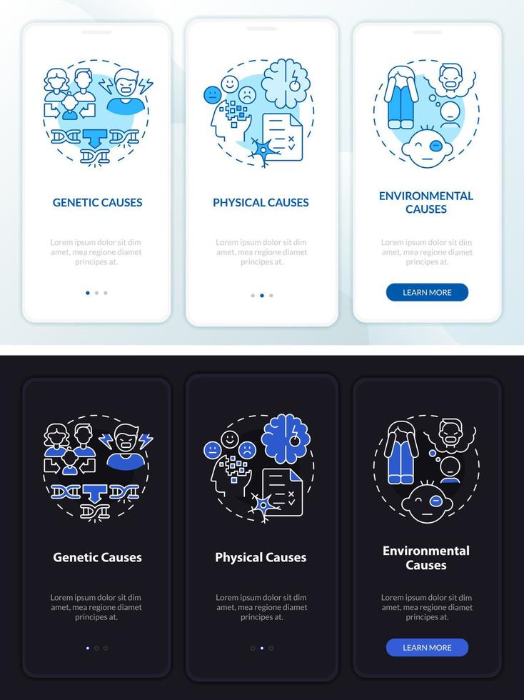 Conduct disorder causes night and day mode onboarding mobile app screen. Walkthrough 3 steps graphic instructions pages with linear concepts. UI, UX, GUI template. vector