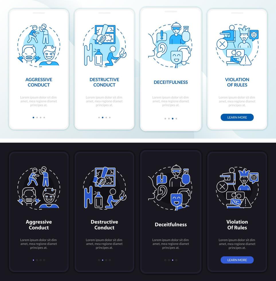 Conduct disorder groups night, day mode onboarding mobile app screen. Walkthrough 4 steps graphic instructions pages with linear concepts. UI, UX, GUI template. vector