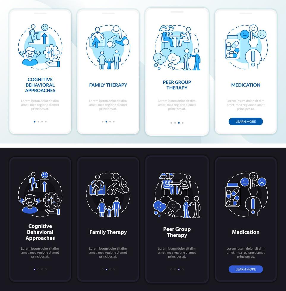 Conduct disorder treatment night, day mode onboarding mobile app screen. Walkthrough 4 steps graphic instructions pages with linear concepts. UI, UX, GUI template. vector