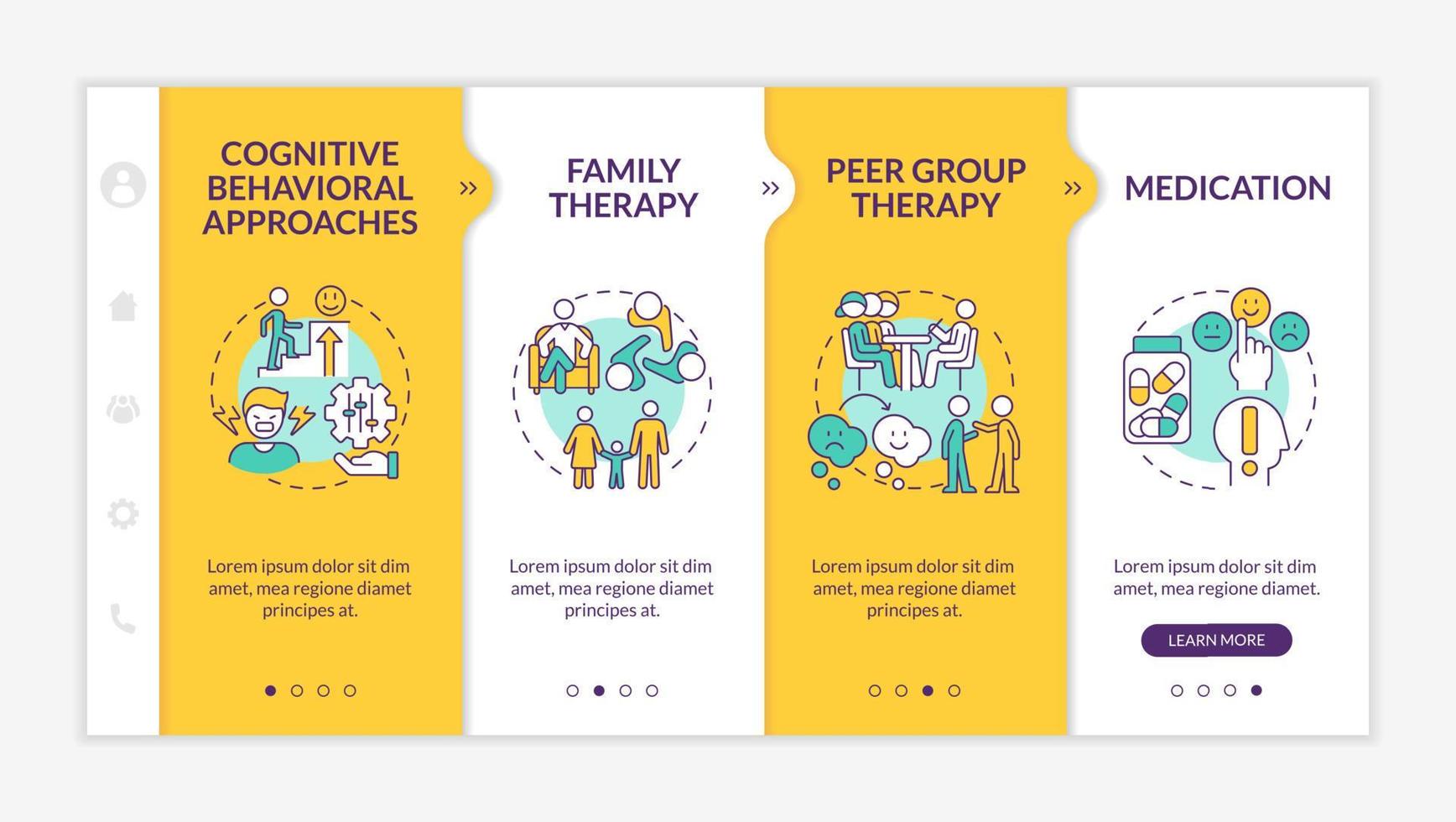 Conduct disorder treatment yellow onboarding template. Mental issue. Responsive mobile website with linear concept icons. Web page walkthrough 4 step screens. vector