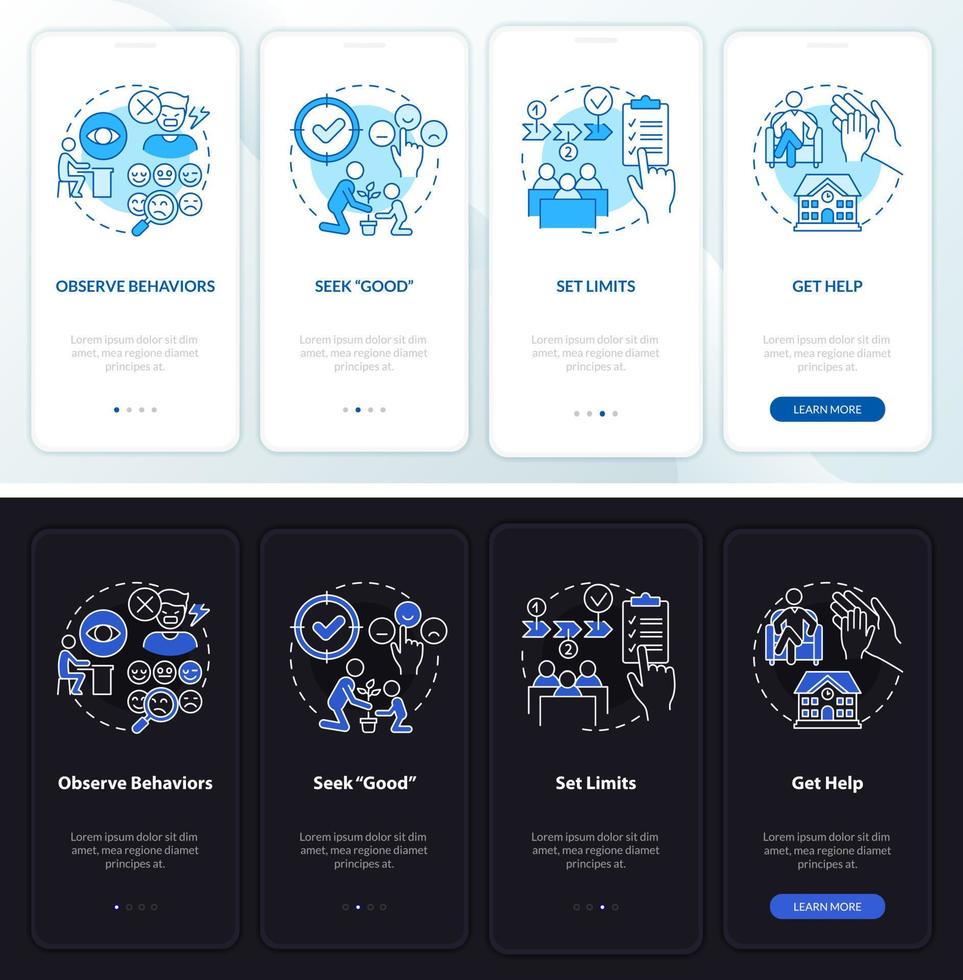 Conduct disorder tips night, day mode onboarding mobile app screen. Walkthrough 4 steps graphic instructions pages with linear concepts. UI, UX, GUI template. vector