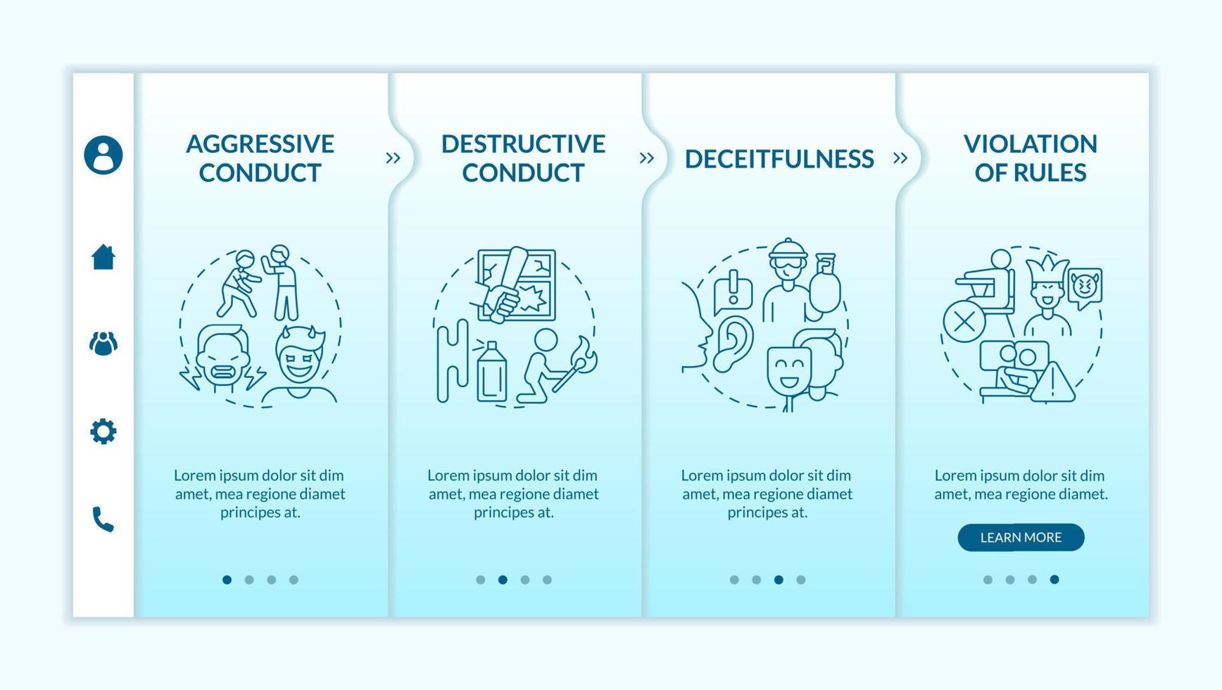 Conduct disorder groups of behavior turquoise gradient onboarding template. Responsive mobile website with linear concept icons. Web page walkthrough 4 step screens. vector