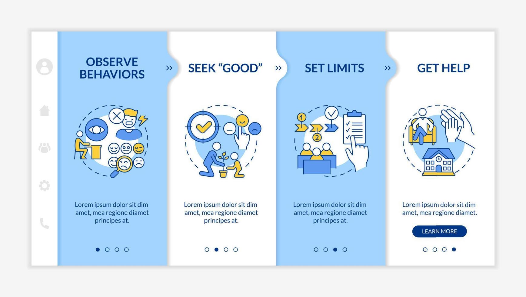 Conduct disorder tips for teacher blue and white onboarding template. Responsive mobile website with linear concept icons. Web page walkthrough 4 step screens. vector