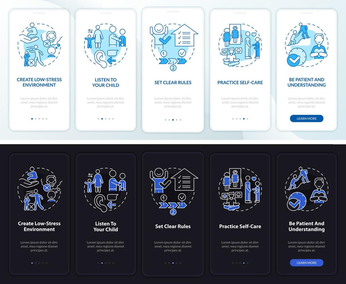 Conduct disorder advice night and day mode onboarding mobile app screen. Walkthrough 5 steps graphic instructions pages with linear concepts. UI, UX, GUI template. vector