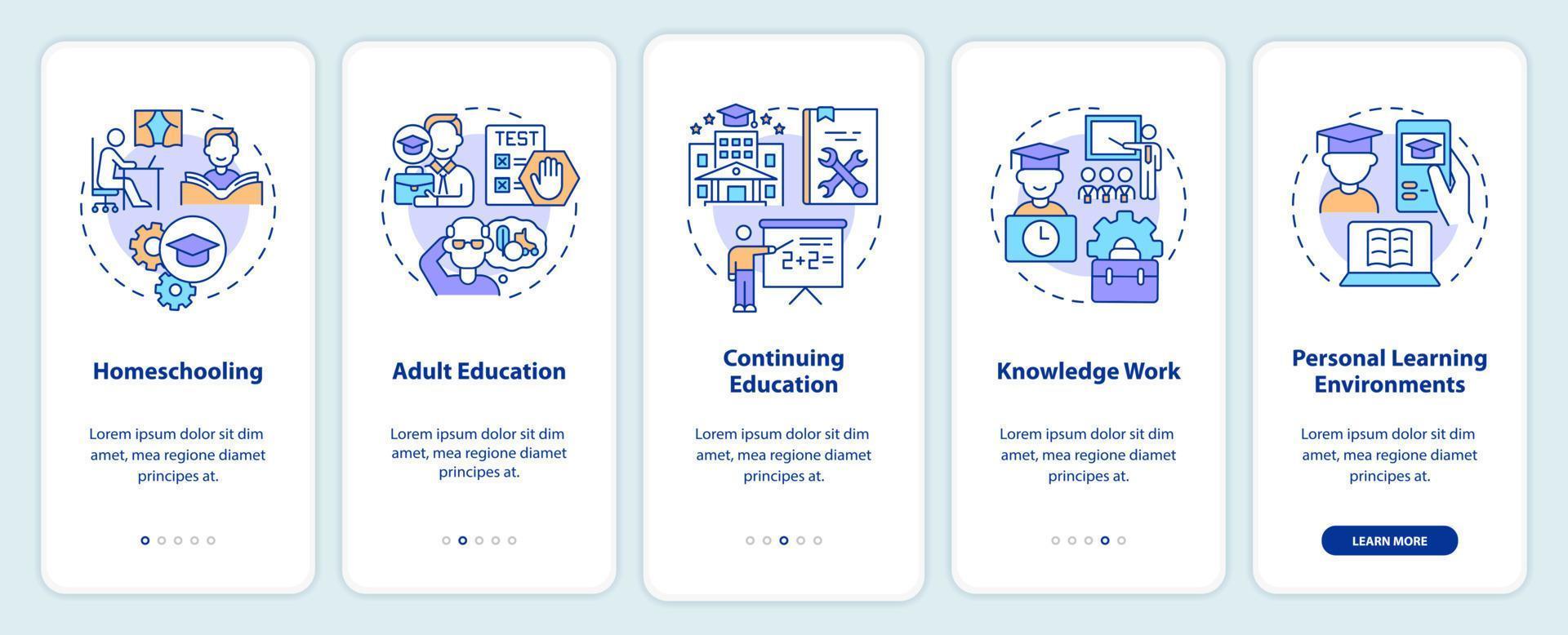 Lifelong learning contexts onboarding mobile app screen. Walkthrough 5 steps graphic instructions pages with linear concepts. UI, UX, GUI template. vector