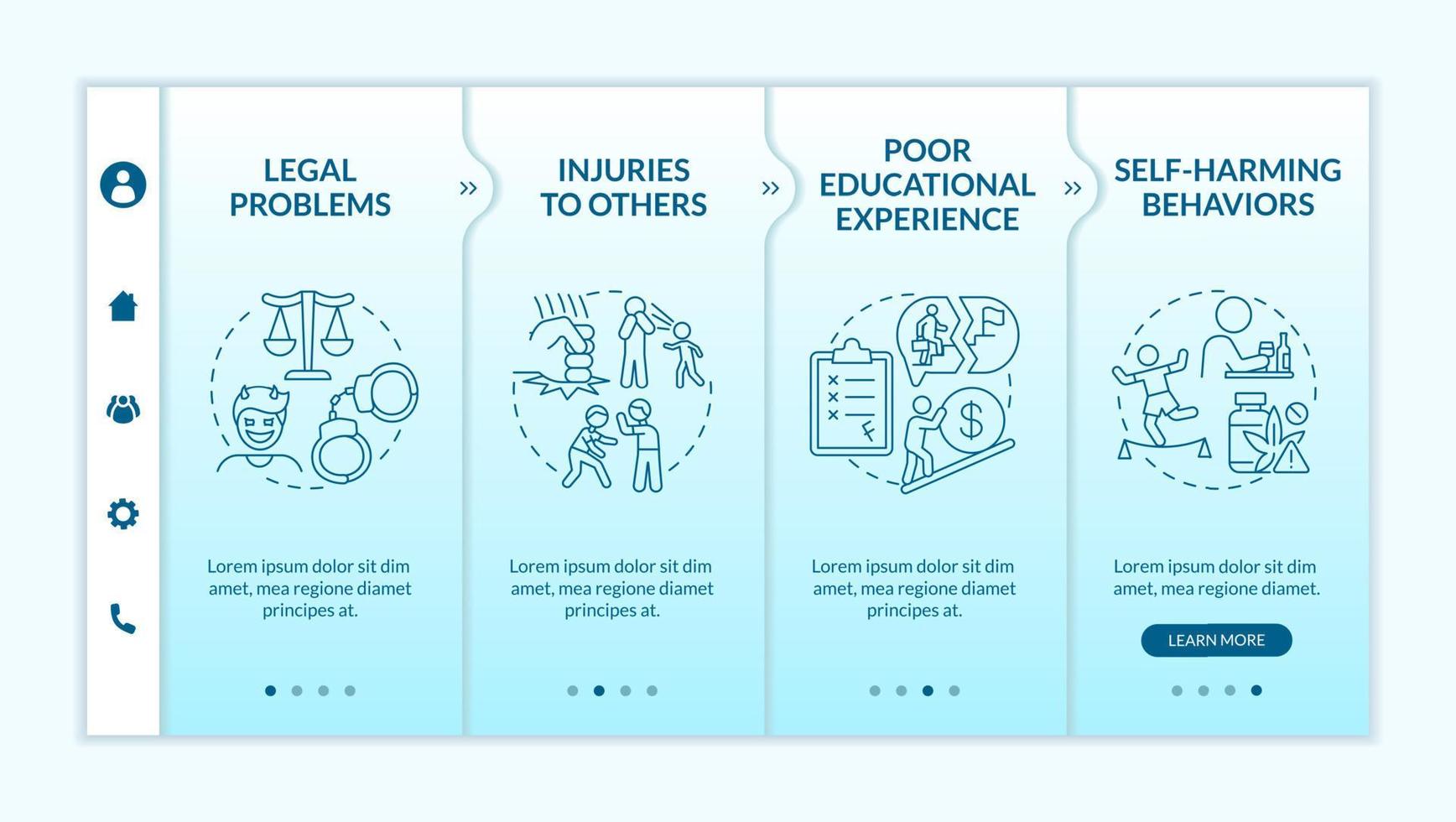 Effects of conduct disorder turquoise gradient onboarding template. Responsive mobile website with linear concept icons. Web page walkthrough 4 step screens. vector