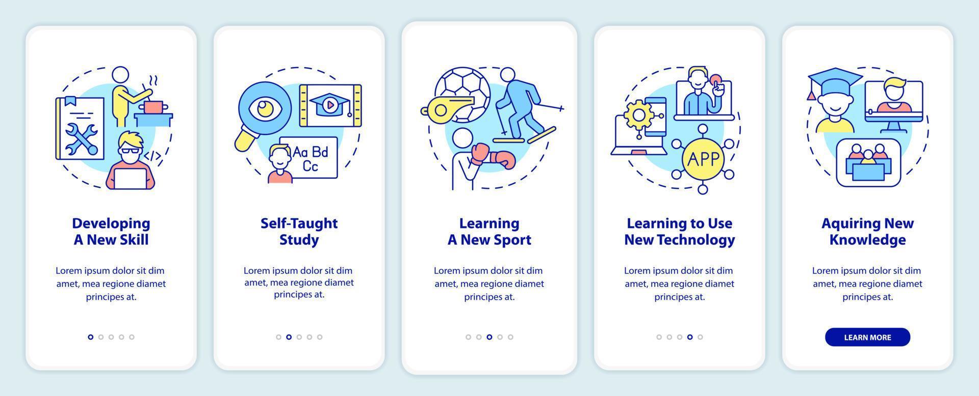 Lifelong learning example onboarding mobile app screen. Walkthrough 5 steps graphic instructions pages with linear concepts. UI, UX, GUI template. vector