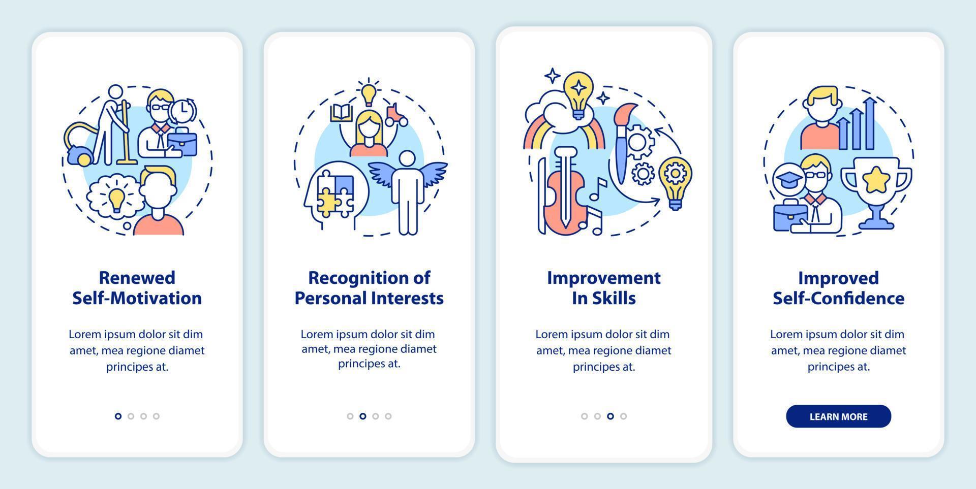 Lifelong learning benefits onboarding mobile app screen. Walkthrough 4 steps graphic instructions pages with linear concepts. UI, UX, GUI template. vector