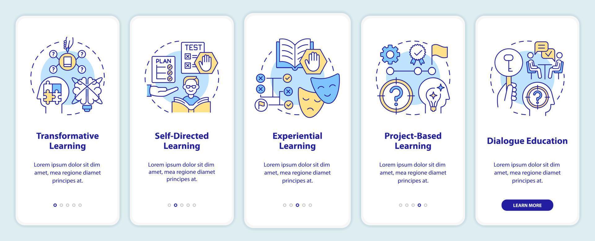 Adult education theories and forms onboarding mobile app screen. Walkthrough 5 steps graphic instructions pages with linear concepts. UI, UX, GUI template. vector