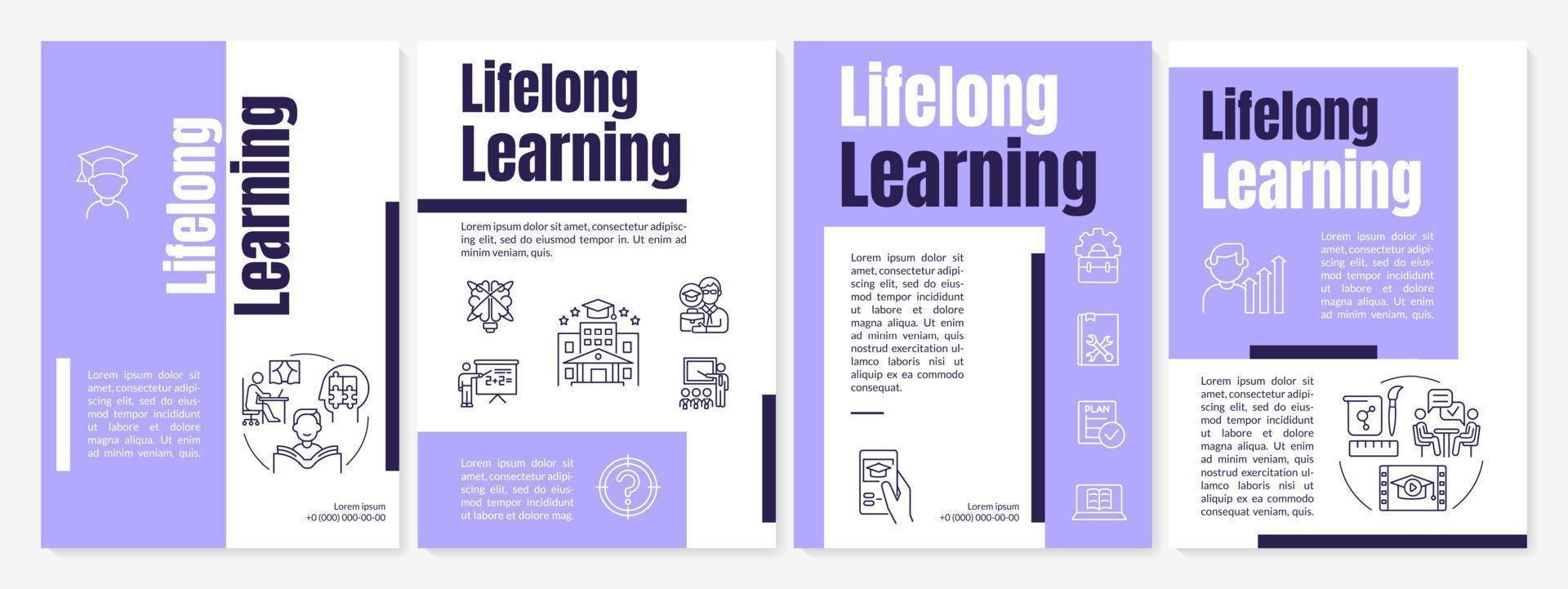 Lifelong learning guideline purple brochure template. Ongoing education. Leaflet design with linear icons. 4 vector layouts for presentation, annual reports.