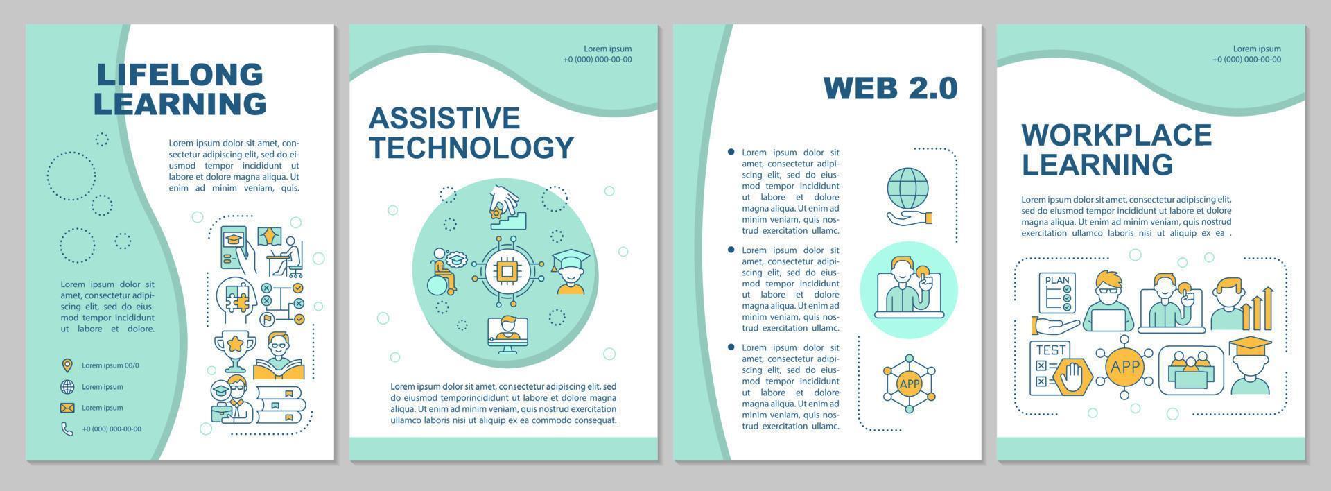 Lifelong learning technologies mint brochure template. Leaflet design with linear icons. 4 vector layouts for presentation, annual reports.